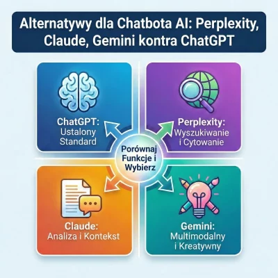 Infografika porównująca cztery modele AI: ChatGPT (Ustalony Standard), Perplexity (Wyszukiwanie i Cytowanie), Claude (Analiza i Kontekst) oraz Gemini (Multimodalny i Kreatywny). Grafika podzielona na cztery kolorowe sekcje z ikonami, z centralnym hasłem 'Porównaj Funkcje i Wybierz'